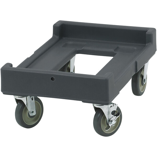 A black plastic Cambro milk crate dolly with wheels.