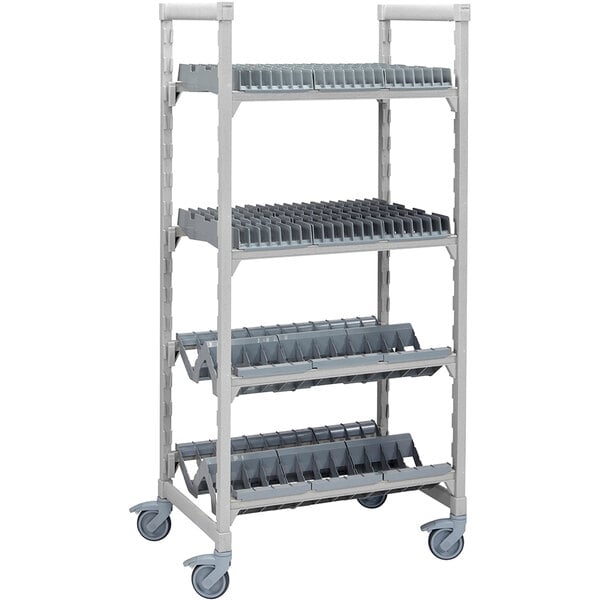 A grey plastic Cambro Camshelving cart with 2 vertical and 2 angled shelves.