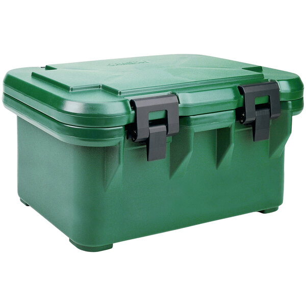 A green plastic Cambro food pan carrier with black handles.