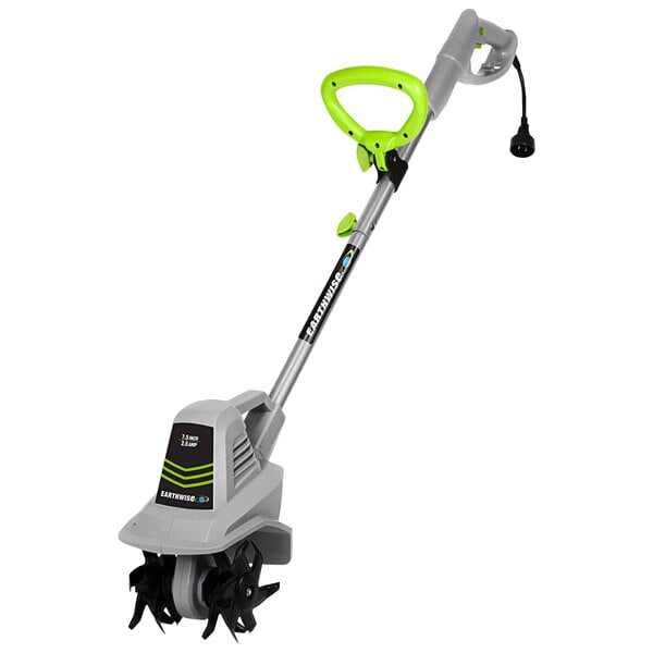 A green and grey Earthwise corded electric tiller.