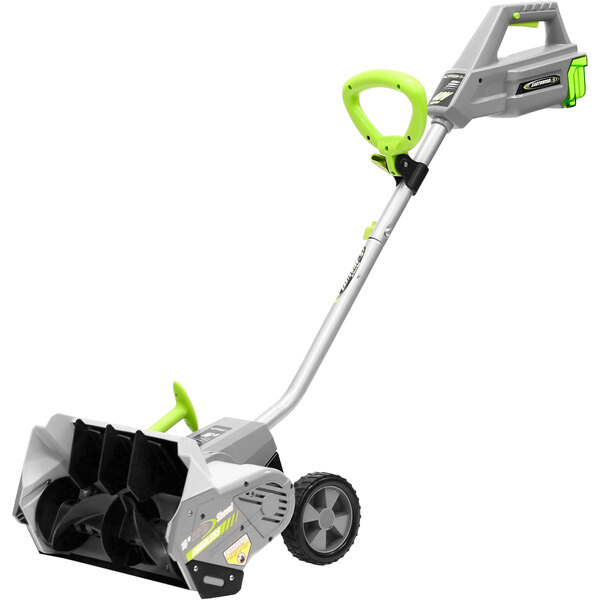 An Earthwise 16" cordless snow blower with a green and grey handle.