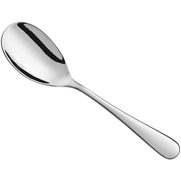 A Libbey Windsor stainless steel small solid serving spoon with a silver handle.