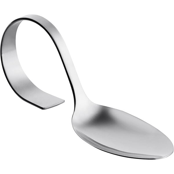 A Libbey stainless steel appetizer spoon with a curved handle.