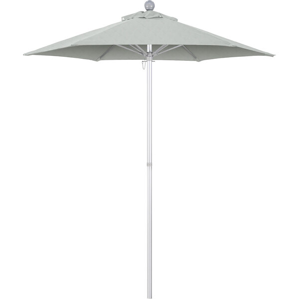 A white California Umbrella with a metal pole.