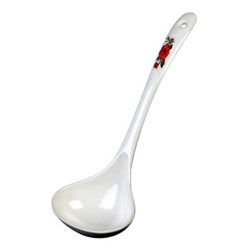 A white Thunder Group soup ladle with a red floral design.