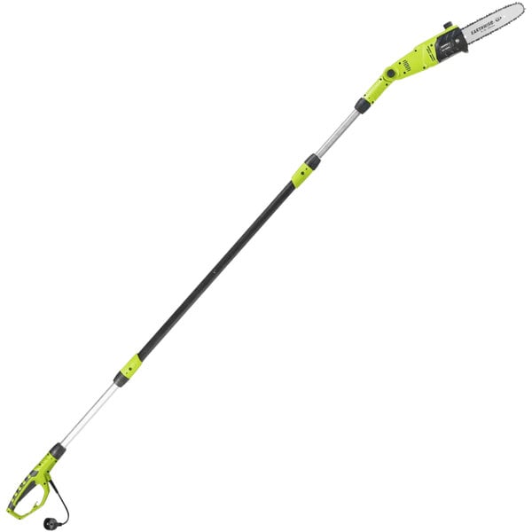 An Earthwise green and black corded electric pole saw with a long handle.