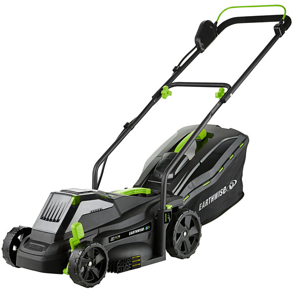 An Earthwise cordless push lawn mower with a green handle.