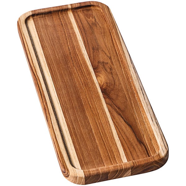 A rectangular teakwood serving tray with a handle.
