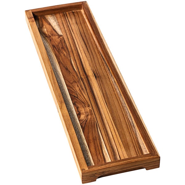 A Teakhaus rectangular wooden serving tray with hand grips.