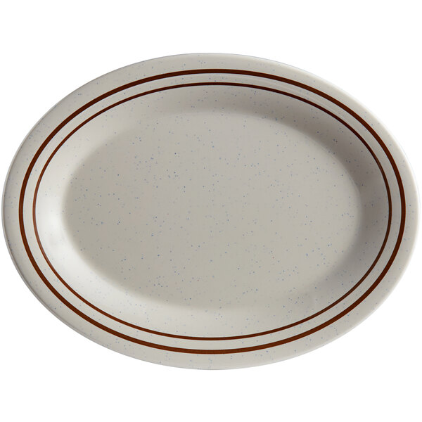 A beige oval melamine platter with a brown speckled border.