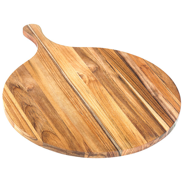 A Teakhaus round teakwood serving board with a handle.