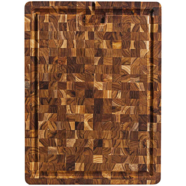 A Teakhaus end grain teakwood cutting board with a wooden square pattern.