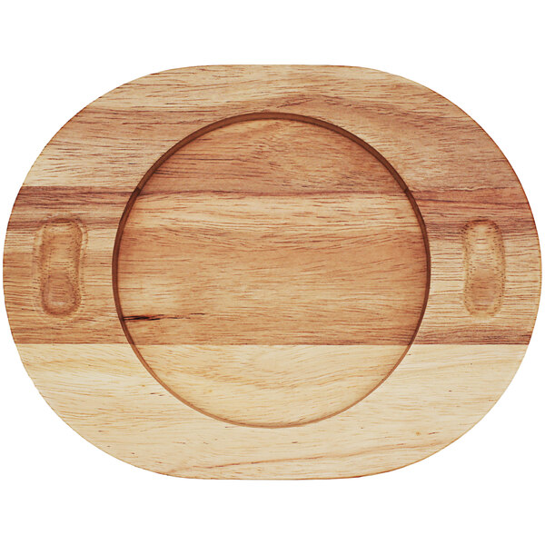 An Arcoroc rubberwood underliner with two handles on a wooden cutting board.