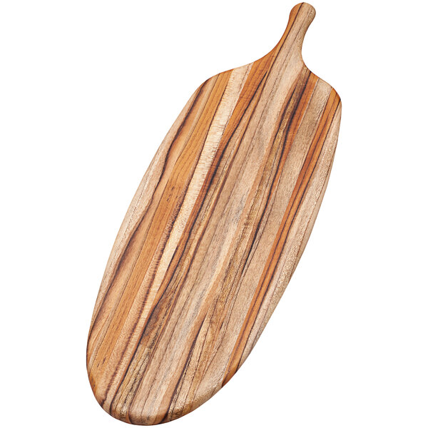 A Teakhaus teakwood serving board with a paddle handle.
