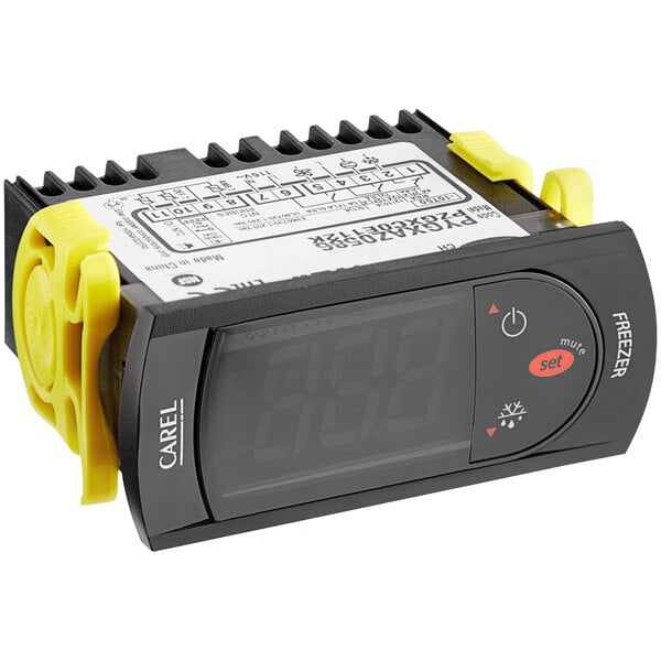 An Avantco Carel digital temperature controller with yellow and black wires.