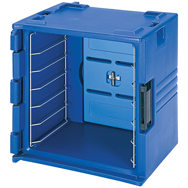 A navy blue Cambro front loading insulated bakery container with metal rails.
