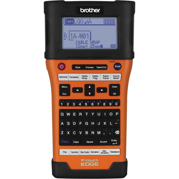 An orange and black Brother P-Touch Edge industrial handheld label maker.