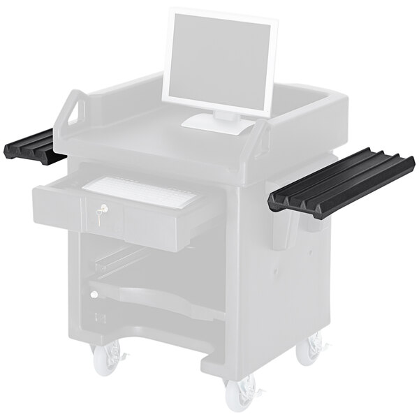 A black Cambro tray rail attached to a cart with a computer on it.