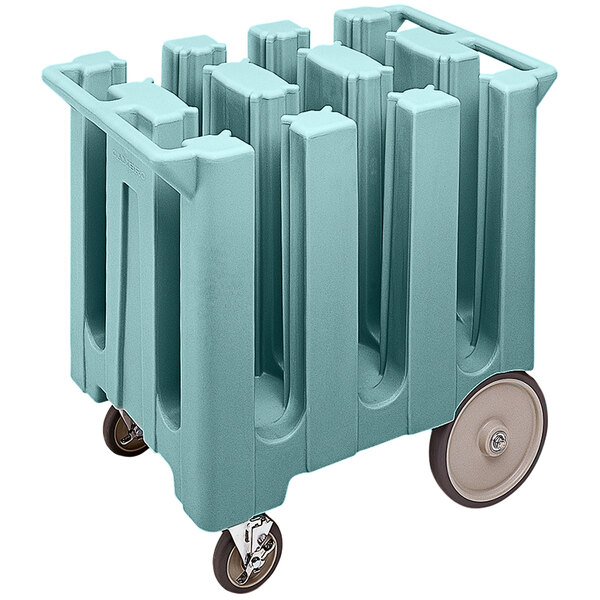 A blue plastic Cambro dish dolly with wheels and a white vinyl cover.