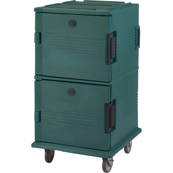 A green Cambro Ultra Camcart for food pans on wheels.