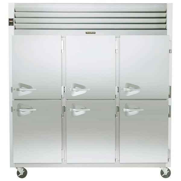 A Traulsen stainless steel reach-in refrigerator with white cabinet doors.