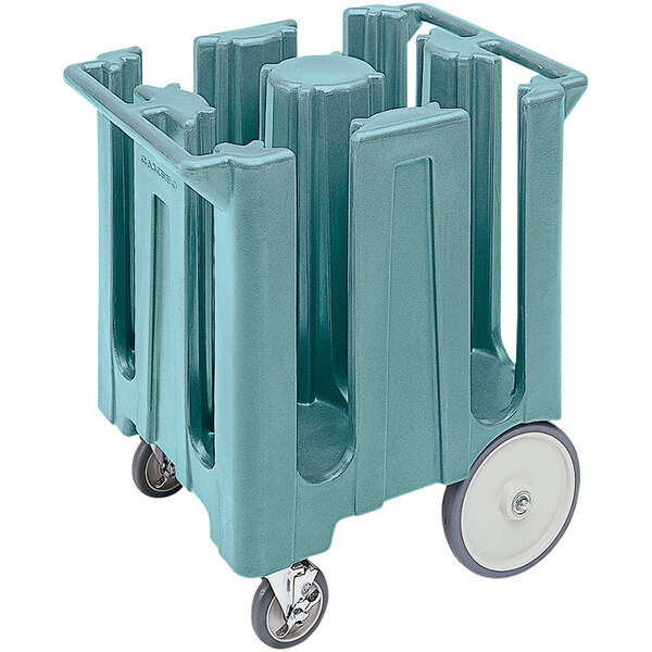 A blue plastic Cambro dish dolly with wheels.