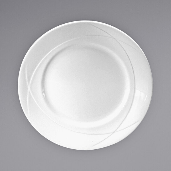 A white Oneida bone china plate with a circular design.
