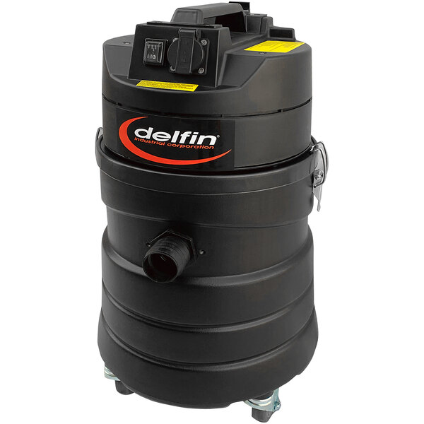 A black Delfin Industrial Pro dry canister vacuum with a black handle.