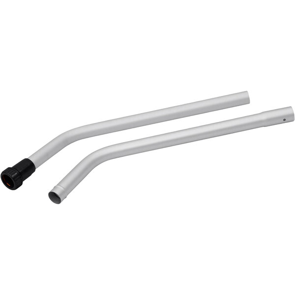 Two curved aluminum pipes with black handles.