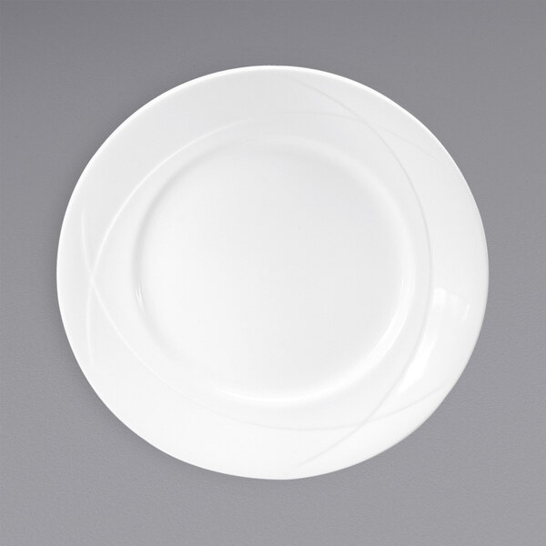 A white Oneida Vision white bone china plate with a circular design.