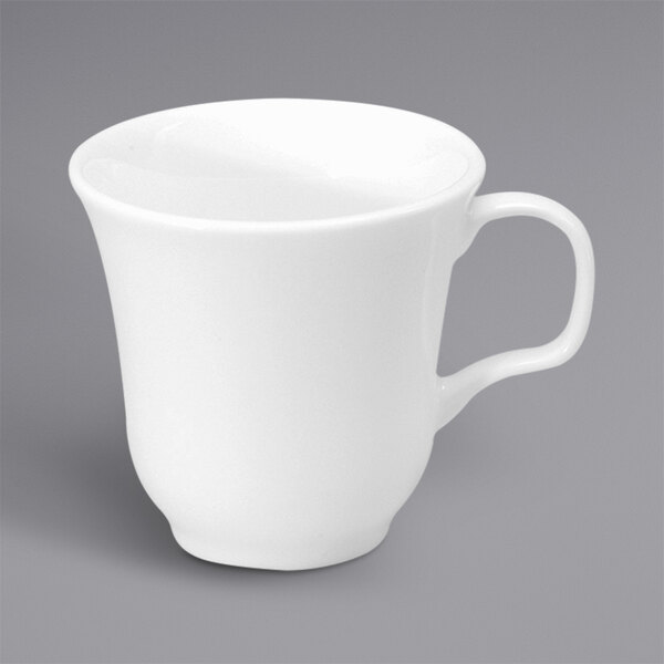 A white bone china tall cup with a white handle.