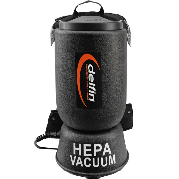 A black Delfin Industrial Pro HEPA corded backpack vacuum cylinder with a logo.