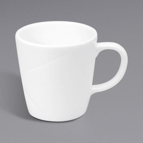 A white Oneida Vision bone china cup with a handle.