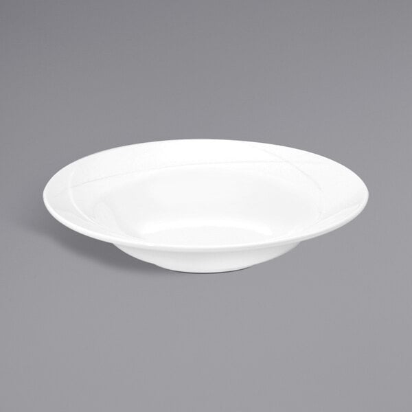 A Oneida white bone china soup bowl with a rim.