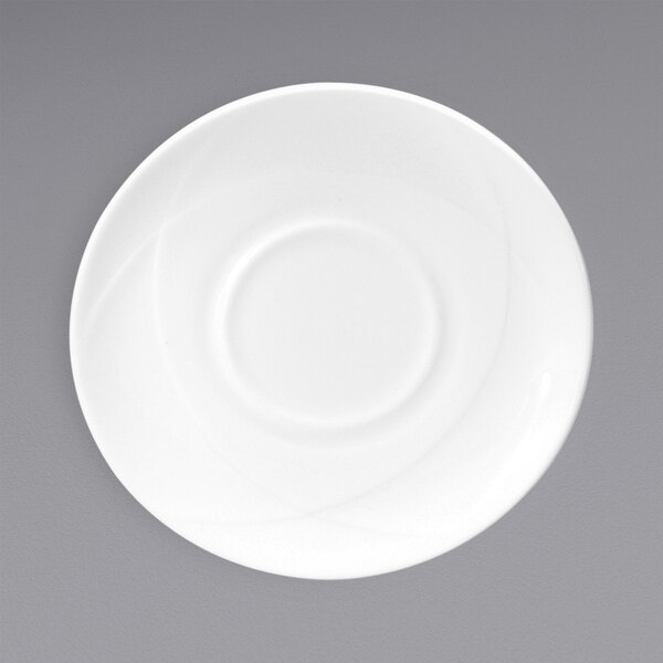 A white Oneida Vision bone china saucer with a circular design.