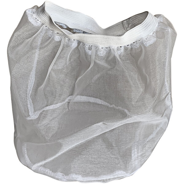 A white mesh bag for a Delfin wet shut-off vacuum sock.