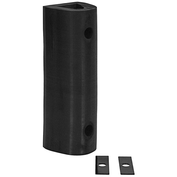 A black rectangular Vestil rubber fender bumper with holes.