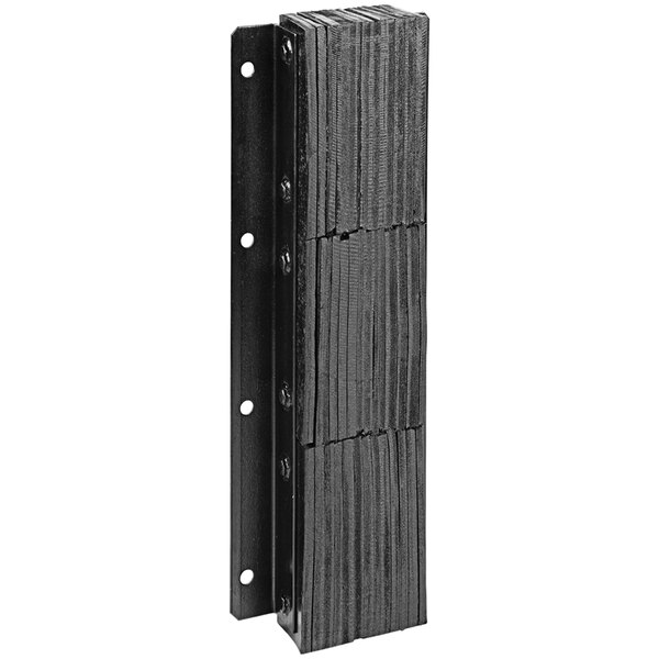 A black rectangular Vestil laminated rubber dock bumper with two holes.