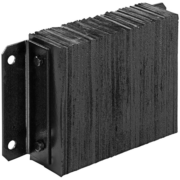 A black rectangular Vestil laminated rubber dock bumper with two screws.