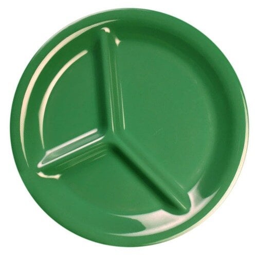 A close-up of a green Thunder Group 3-compartment melamine plate.