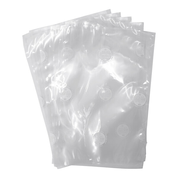 A stack of clear plastic Globe vacuum cooking bags with a white circle and black text.
