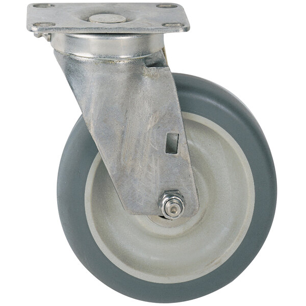 A grey Metro Super Erecta plate caster with a metal and rubber wheel.