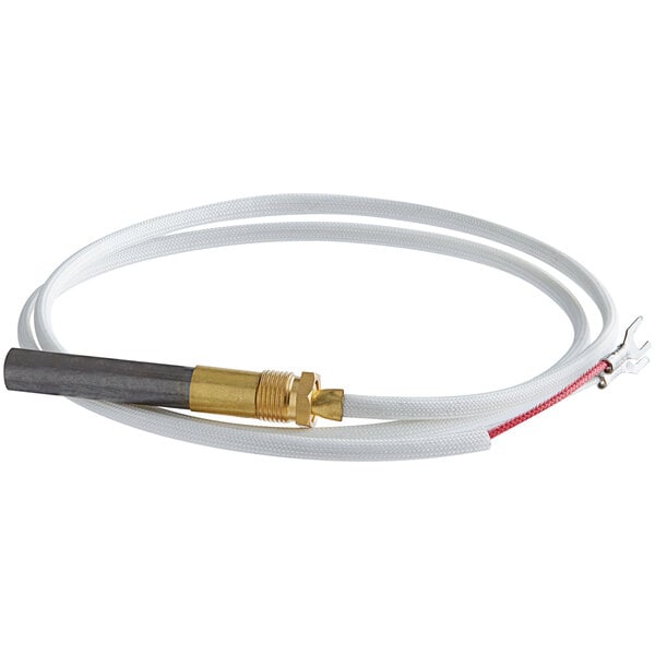 A white and gold cable with a red connector and a metal tube.