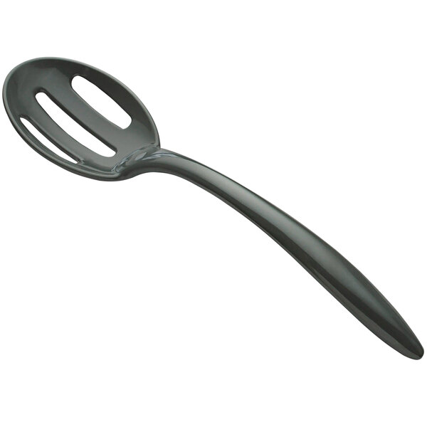 A close-up of a Bon Chef gunmetal gray slotted serving spoon with a handle.
