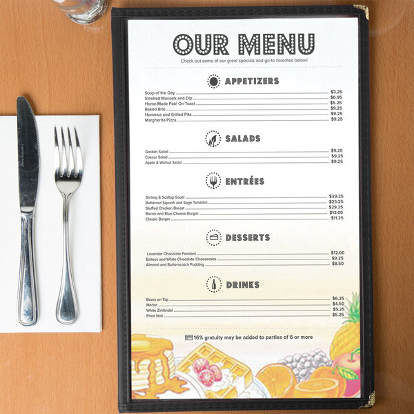 A white menu with black and white text and a rooster design on the right insert.