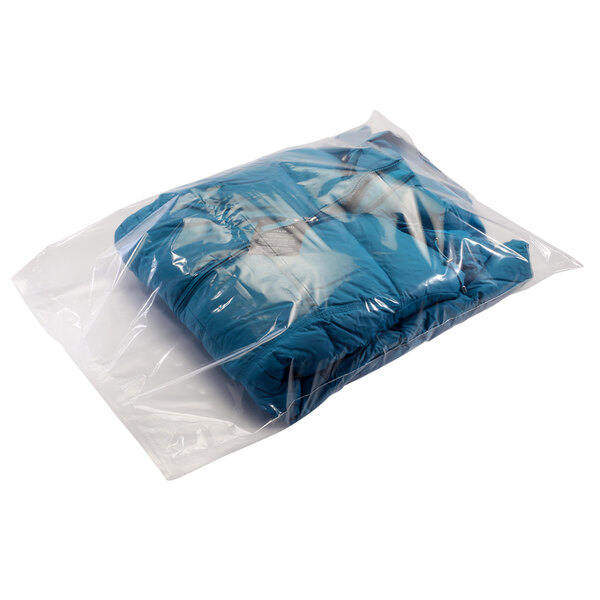 A Lavex clear poly bag containing a blue jacket.