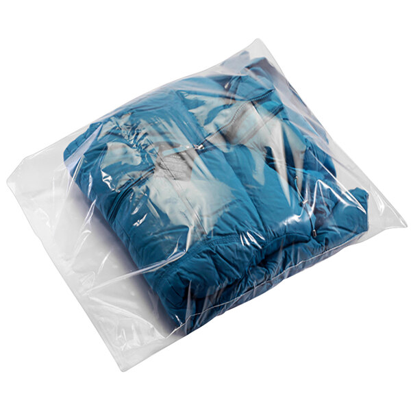 A Lavex clear poly bag filled with blue clothes, including a blue jacket.