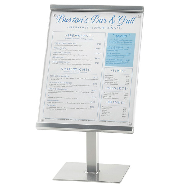 A Cal-Mil silver metal magnetic menu board on a table.