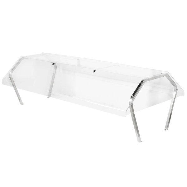 A clear plastic cover with silver legs on a Vollrath buffet table.