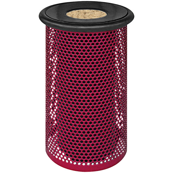 A red metal Wausau Tile cigarette ash receptacle.